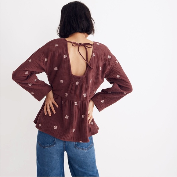Madewell Embroidered Lightspun Peplum Open-Back Top Sz-Lrg - Picture 3 of 13